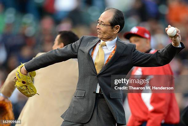 Japan's baseball great Sadaharu Oh throws out the ceremonial first pitch before the start of the World Baseball Classic Semifinals game between Team...