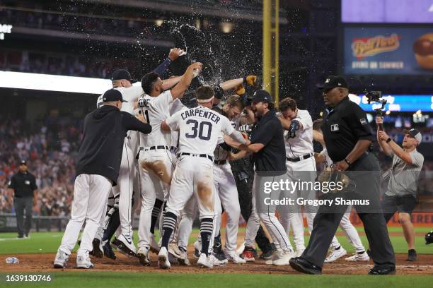 Parker Meadows of the Detroit Tigers celebrates his walk off three run home run against the Houston Astros at Comerica Park on August 25, 2023 in...
