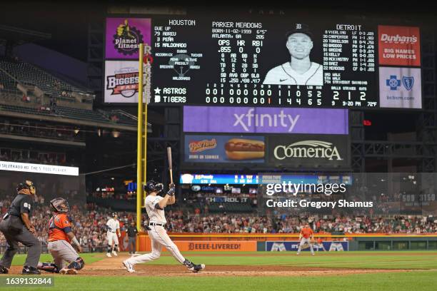 Parker Meadows of the Detroit Tigers hits a walk off three run home run to beat the Houston Astros 4-1 at Comerica Park on August 25, 2023 in...