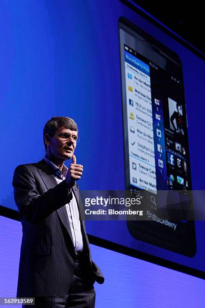 Thorsten Heins, chief executive officer of BlackBerry, gestures as he speaks during the launch of the BlackBerry Z10 smartphone in Sydney, Australia,...