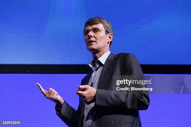 Thorsten Heins, chief executive officer of BlackBerry, gestures as he speaks during the launch of the BlackBerry Z10 smartphone in Sydney, Australia,...