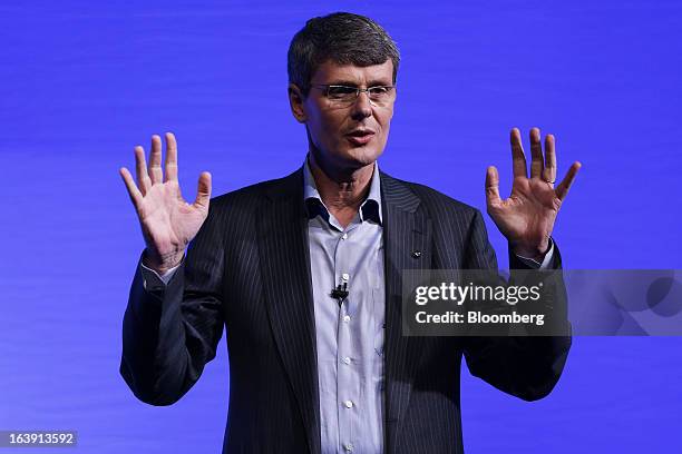 Thorsten Heins, chief executive officer of BlackBerry, gestures as he speaks during the launch of the BlackBerry Z10 smartphone in Sydney, Australia,...