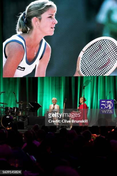 Chris Evert and Chris McKendry speak onstage during the WTA 50th Anniversary Gala at The Ziegfeld Ballroom on August 25, 2023 in New York City.