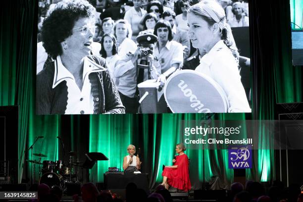 Chris Evert and Chris McKendry speak onstage during the WTA 50th Anniversary Gala at The Ziegfeld Ballroom on August 25, 2023 in New York City.