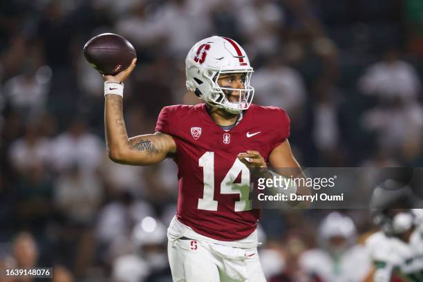 Ashton Daniels of the Stanford Cardinal throws a pass during the second half of the game against the Hawaii Rainbow Warriors at the Clarence T.C....