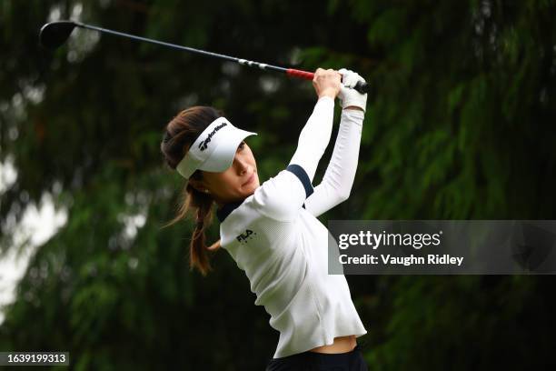 Muni He of China hits a tee shot on the 14th hole during the second round of the CPKC Women's Open at Shaughnessy Golf and Country Club on August 25,...