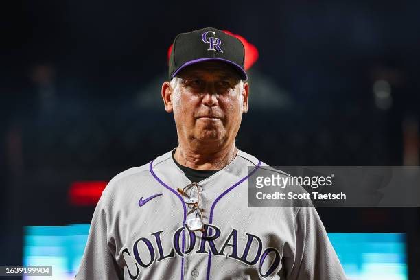 Manager Bud Black of the Colorado Rockies looks on during the sixth inning against the Baltimore Orioles at Oriole Park at Camden Yards on August 25,...