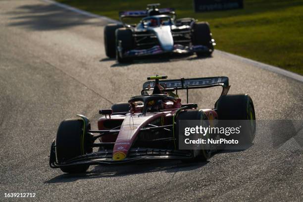 Carlos Sainz Jr. Of Spain driving the Scuderia Ferrari SF-23 Ferrari during the Formula 1 Pirelli Gran Premio d'Italia 2023 on September 1st, 2023 in...