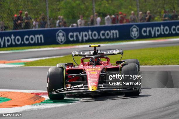 Carlos Sainz Jr. Of Spain driving the Scuderia Ferrari SF-23 Ferrari during the Formula 1 Pirelli Gran Premio d'Italia 2023 on September 1st, 2023 in...