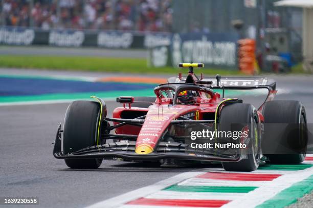 Carlos Sainz Jr. Of Spain driving the Scuderia Ferrari SF-23 Ferrari during the Formula 1 Pirelli Gran Premio d'Italia 2023 on September 1st, 2023 in...