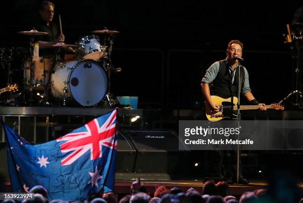 Bruce Springsteen performs for fans with the E Street Band during his Wrecking Ball Tour at Allphones Arena on March 18, 2013 in Sydney, Australia.