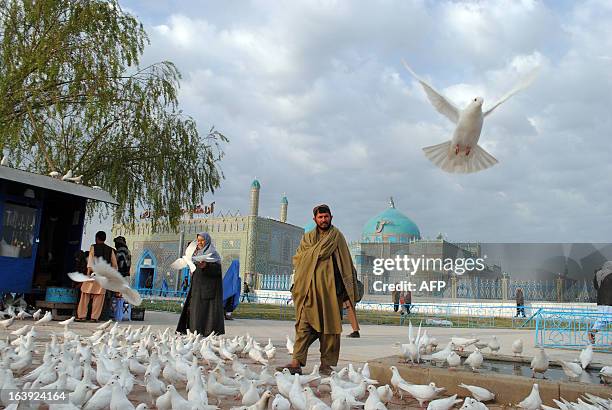 Afghan men and women feed pigeons in front of the shrine of Hazrat-i Ali ahead of 'Nowruz', the Persian New Year celebrations in Mazar-i Sharif on...