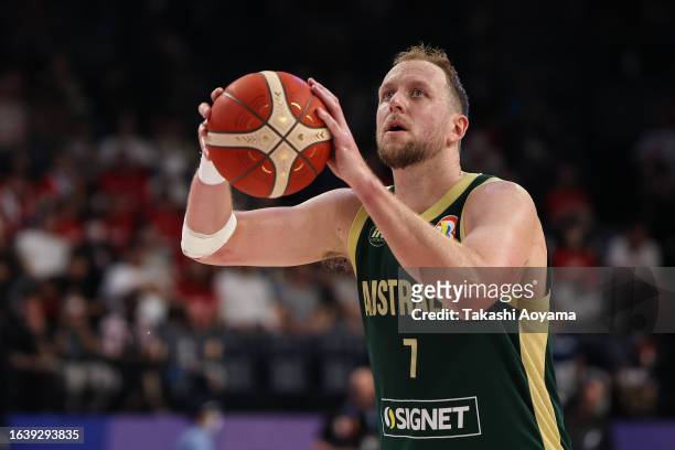Joe Ingles of Australia shoots a free throw during the FIBA World Cup Group E game between Finland and Australia at Okinawa Arena on August 25, 2023...