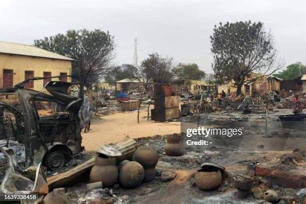 This picture taken on September 1, 2023 shows a view of destruction in a market area in al-Fasher, the capital of Sudan's North Darfur state. The...