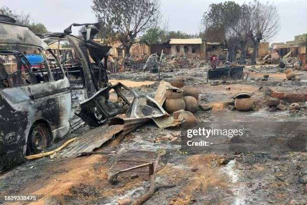 This picture taken on September 1, 2023 shows a view of destruction in a livestock market area in al-Fasher, the capital of Sudan's North Darfur...