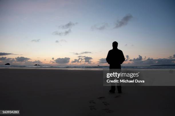 silhouette of a man at sunset on a beach - one man only stock pictures, royalty-free photos & images