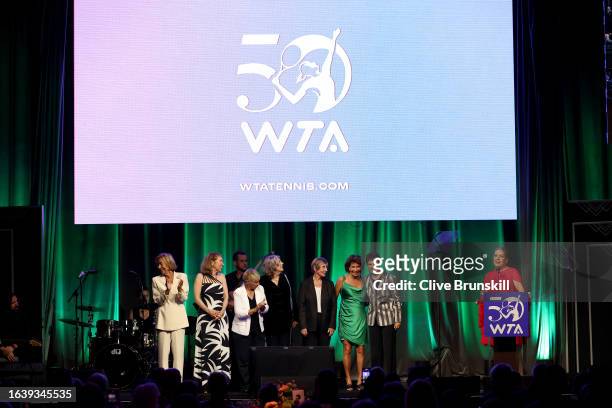 Chris McKendry introduces WTA Founding Members onstage during the WTA 50th Anniversary Gala at The Ziegfeld Ballroom on August 25, 2023 in New York...