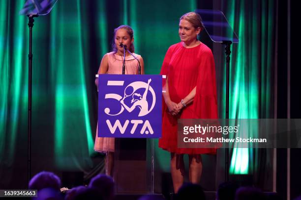 Charlotte Maria and Chris McKendry speak onstage during the WTA 50th Anniversary Gala at The Ziegfeld Ballroom on August 25, 2023 in New York City.