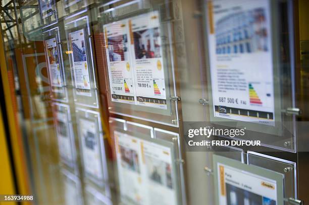 Picture taken on March 18 in Paris, in the window of a real estate agency where are displayed real estate classifieds for sales of apartments. AFP...