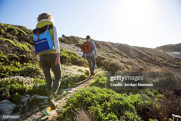 a couple hiking the california coast. - coastal feature stock pictures, royalty-free photos & images