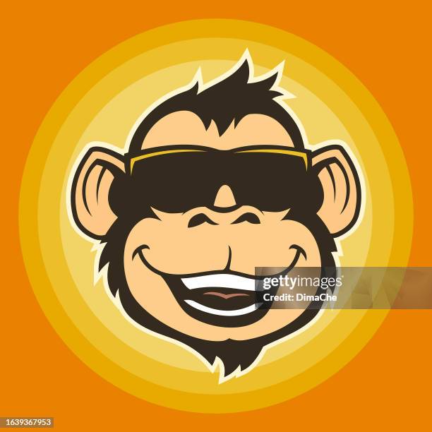 smiling monkey in sunglasses. monkey, ape or gorilla head character mascot - orang utan stock illustrations