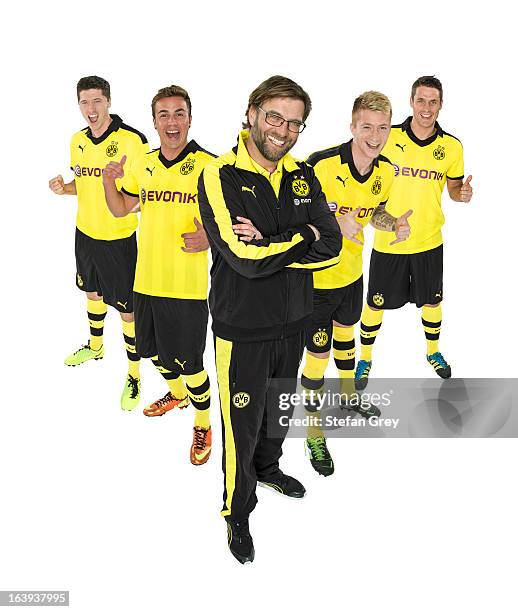 Robert Lewandowski, Mario Goetze, Juergen Klopp, Marco Reus and Sebastian Kehl of German Bundesliga club Borussia Dortmund pose during a photo...