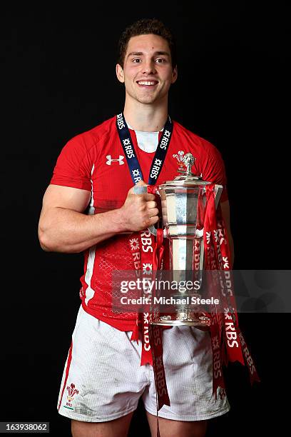 Wing George North of Wales poses with the Six Nations trophy following his team's victory during the RBS Six Nations match between Wales and England...