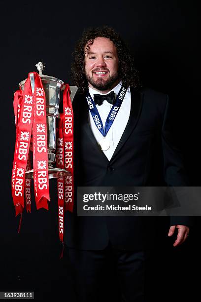 Prop Adam Jones of Wales poses with the Six Nations trophy following his team's victory during the RBS Six Nations match between Wales and England at...