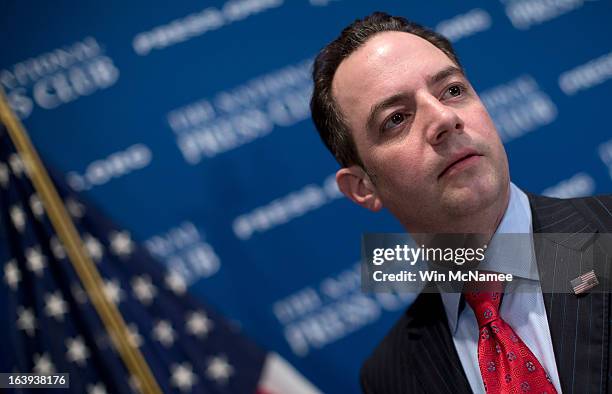 Republican National Committee Chairman Reince Priebus talks with members of the press after speaking at the National Press Club March 18, 2013 in...