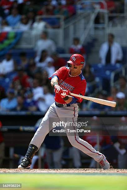 Carlos Beltran of Team Puerto Rico bats during Pool 2, Game 6 against Team Dominican Republic in the second round of the 2013 World Baseball Classic...