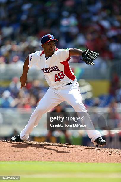 Jose Veras of Team Dominican Republic pitches during Pool 2, Game 6 against Team Puerto Rico in the second round of the 2013 World Baseball Classic...