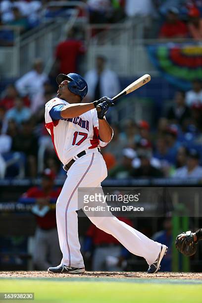 Nelson Cruz of Team Dominican Republic bats during Pool 2, Game 6 against Team Puerto Rico in the second round of the 2013 World Baseball Classic on...