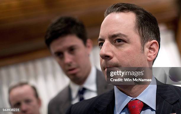 Republican National Committee Chairman Reince Priebus talks with members of the press after speaking at the National Press Club March 18, 2013 in...