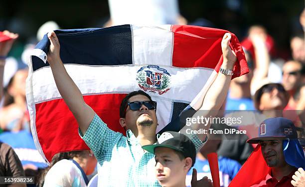 Dominican Republic fans celebrate during Pool 2, Game 6 against Team Puerto Rico in the second round of the 2013 World Baseball Classic on Saturday,...