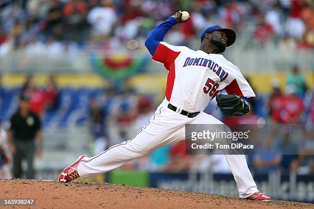 Fernando Rodney of Team Dominican Republic pitches during Pool 2, Game 6 against Team Puerto Rico in the second round of the 2013 World Baseball...