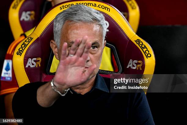 Jose Mourinho coach of AS Roma gestures during the Serie A football match between AS Roma and AC Milan. Milan won 2-1 over Roma.