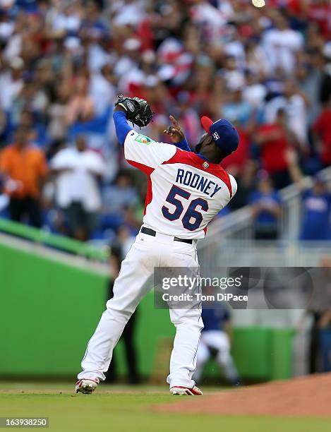 Fernando Rodney of Team Dominican Republic celebrates defeating Team Puerto Rico in Pool 2, Game 6 in the second round of the 2013 World Baseball...