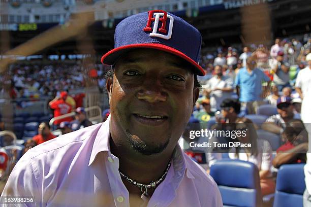 Dominican Republic native and former MLB Player Pedro Martinez is seen in the stands during Pool 2, Game 6 against Team Puerto Rico in the second...