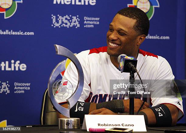 Robinson Cano of Team Dominican Republic speaks with the media after Pool 2, Game 6 against Team Puerto Rico in the second round of the 2013 World...