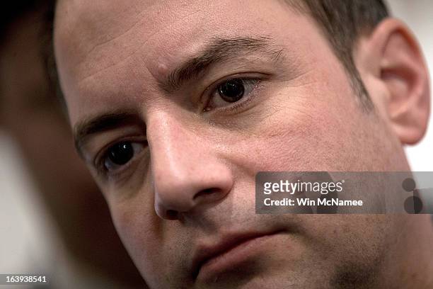 Republican National Committee Chairman Reince Priebus talks with members of the press after speaking at the National Press Club March 18, 2013 in...