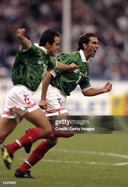 Cuaohtemuc Blanco of Mexico celebrates a goal during the Confederation Cup match against Brazil at the King Fahd Stadium in Riyadh, Saudi Arabia....