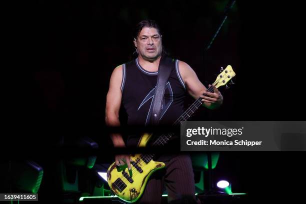 Robert Trujillo of Metallica performs onstage at SoFi Stadium on August 25, 2023 in Inglewood, California.