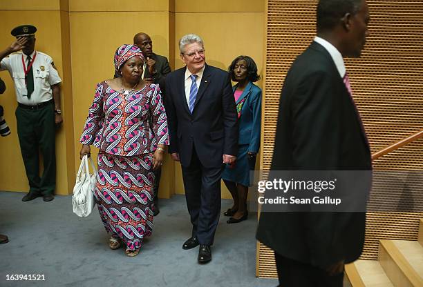 German President Joachim Gauck arrives with African Union Commission Chairwoman Nkosazana Dlamini-Zuma to speak on the occasion of the upcoming 50th...