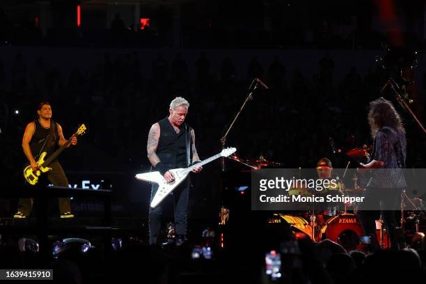 Robert Trujillo, James Hetfield, Lars Ulrich and Kirk Hammett of Metallica perform onstage at SoFi Stadium on August 25, 2023 in Inglewood,...