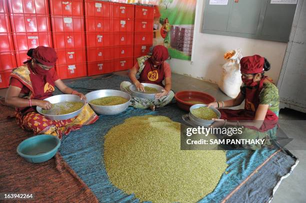 Indian women from the Rural Distribution Network India, from the Self Employed Women's Association , package spices at an agricultural processing...