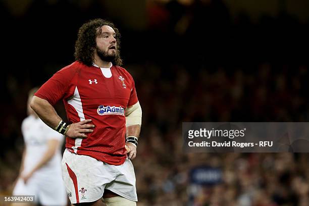 Prop Adam Jones of Wales lokks on during the RBS Six Nations match between Wales and England at Millennium Stadium on March 16, 2013 in Cardiff,...