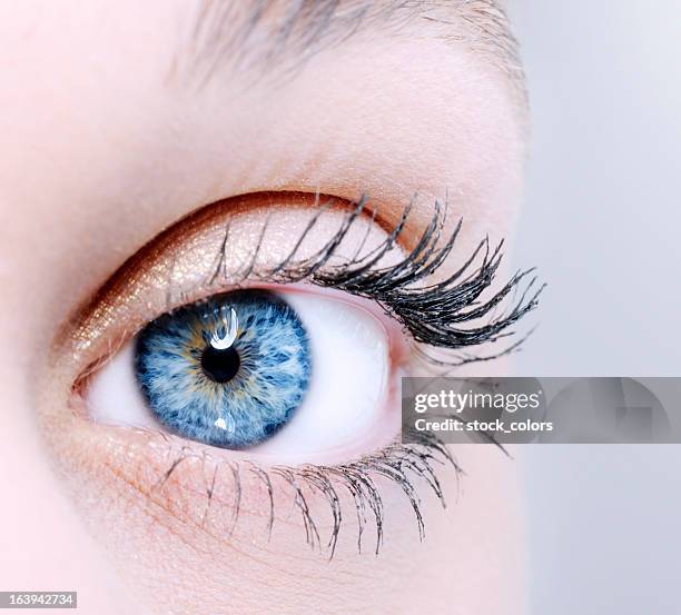 blue eye - extreme close up of bright blue eye and iris stock pictures, royalty-free photos & images