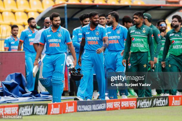 India and Pakistan players coming ground during the Asia Cup Group A match between India and Pakistan at Pallekele International Cricket Stadium on...