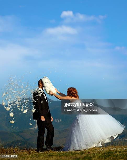 pillow fight - naughty bride stock pictures, royalty-free photos & images