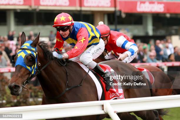 Jockey Harry Coffey riding Duke Of Hastings to win race 5, the Ladbrokes Yard Comments Handicap during Melbourne Racing at Moonee Valley during...